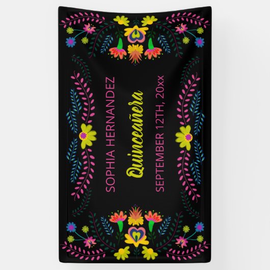 Mexikanisches Fiesta Party Black Quinceanera Gebur Banner (Vertikal)