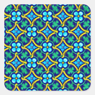 mexikanisches Fliesendesign Aquamarin Gelbe Blumen Quadratischer Aufkleber