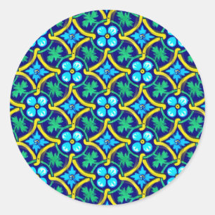 mexikanisches Fliesendesign Aquamarin Gelbe Blumen Runder Aufkleber