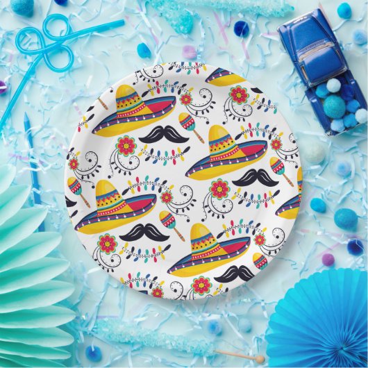mexikanisches Folk Art Pattern Sombreros, Mustache Pappteller (Party)