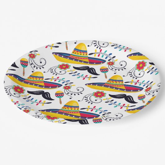 mexikanisches Folk Art Pattern Sombreros, Mustache Pappteller (Schrägansicht)
