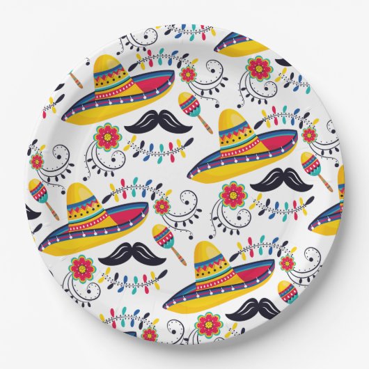 mexikanisches Folk Art Pattern Sombreros, Mustache Pappteller (Vorderseite)
