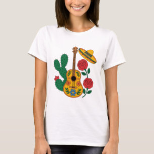 Mexikanisches Gitarren-Sombrero- und Kaktus-Fiesta T-Shirt