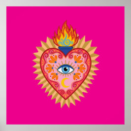 Mexikanisches Herz mit schützendem Auge und Flamme Poster