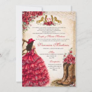Mexikanisches Mädchen rotes Blumen-Charra-Quinceañ Einladung