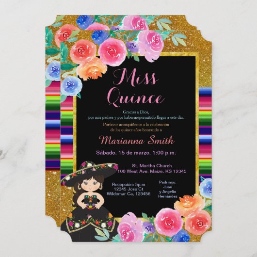 Mexikanisches Party Gold Black Dress Quinceañera  Einladung (Vorne/Hinten)