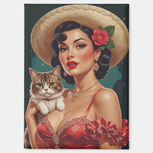 Mexikanisches Pin-Up mit süßer Katze Magnet