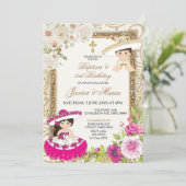 Mexikanisches Pink & Blue Sibling Taufe zum dritte Einladung (Stehend Vorderseite)