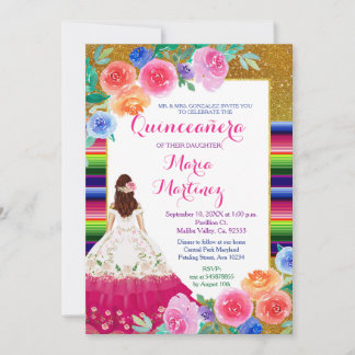 Mexikanisches Rosa Girl Gold Quinceñera Geburtstag Einladung