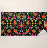 Mexikanisches Stickereimuster auf schwarz Strandtuch (Vorderseite)