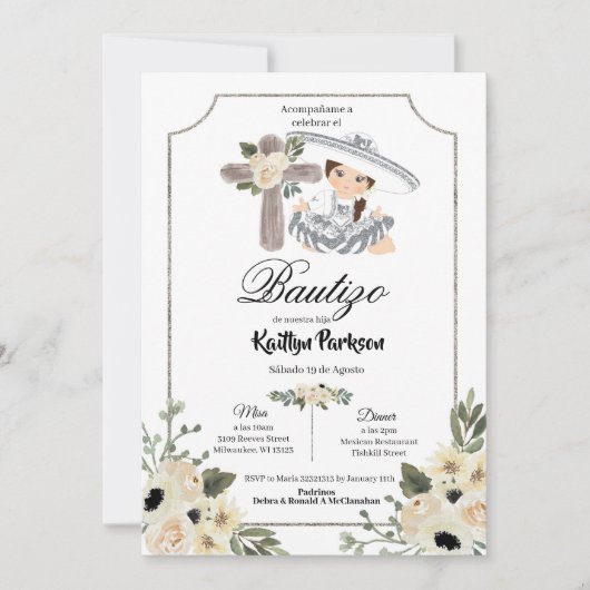 Mexikanisches Weißes Silber Charra Gir Bautizo Ein Einladung (Vorderseite)