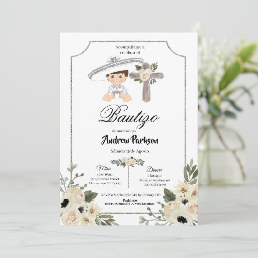 Mexikanisches Weißes Silber Charro Boy Bautizo Ein Einladung (Stehend Vorderseite)