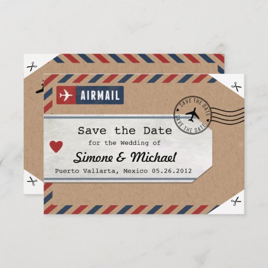 Mexiko Airmail Gepäckanhänger Save the Date mit Ka (Vorne/Hinten)
