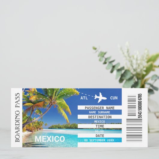 Mexiko Beach Boarding Pass Wochenende Einladung (Stehend Vorderseite)