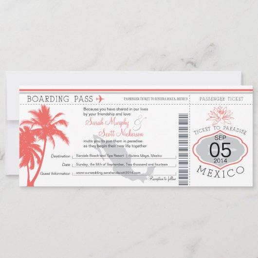 Mexiko Boarding Pass Hochzeit in Urlaubsort Einladung (Vorderseite)