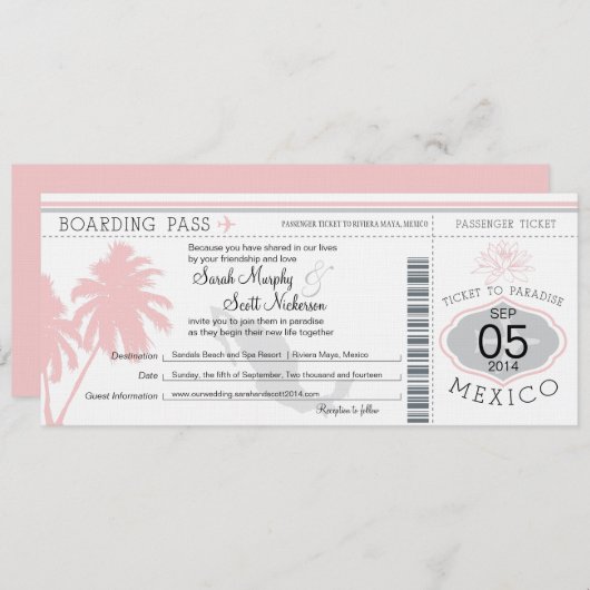 Mexiko Boarding Pass Hochzeit in Urlaubsort Einladung (Vorne/Hinten)