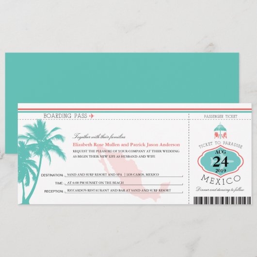 Mexiko Boarding Pass Wedding Einladung (Vorne/Hinten)