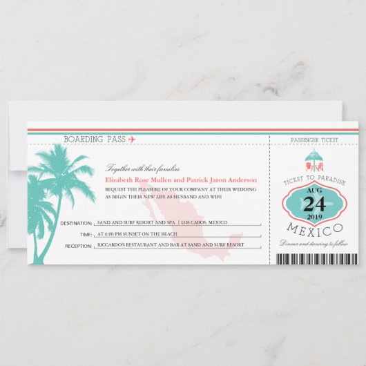 Mexiko Boarding Pass Wedding Einladung (Vorderseite)