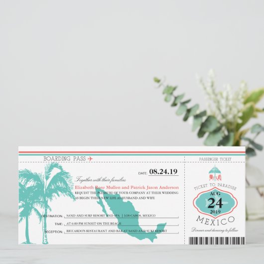 Mexiko Boarding Pass Wedding Einladung (Stehend Vorderseite)