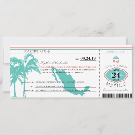 Mexiko Boarding Pass Wedding Einladung (Vorderseite)