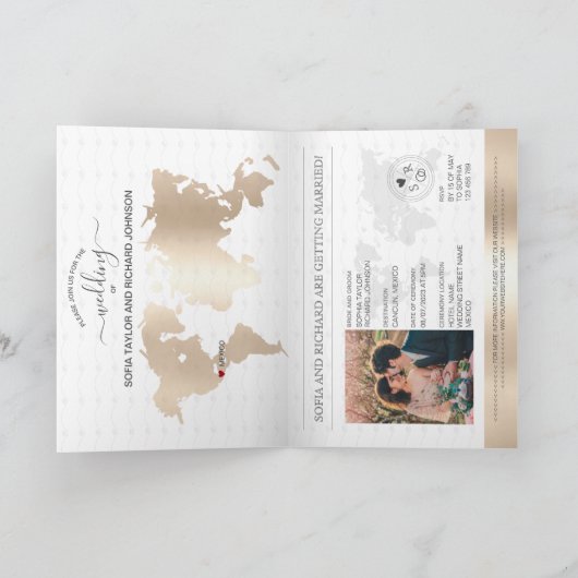 Mexiko Hochzeit in Urlaubsort Passport Gold Wappen Einladung (Innenseite)