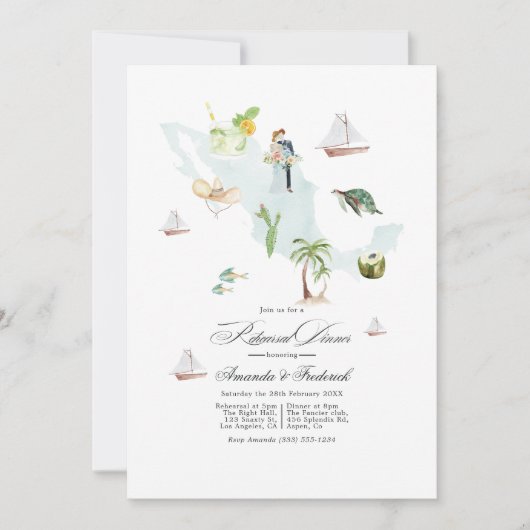 Mexiko Hochzeit in Urlaubsort Probe Abendessen Einladung (Vorderseite)