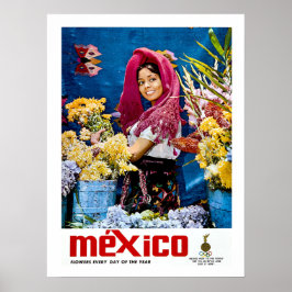Mexiko, lächelndes Mädchen mit Blume, Vintag, reis Poster