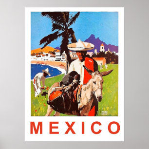 Mexiko, mexikanischer Mann mit Esel an der Küste Poster