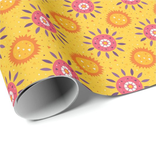 Mexiko Rosa Gelbe Sonnenblumen Blumenmuster Geschenkpapier (Rolleneckpunkt)