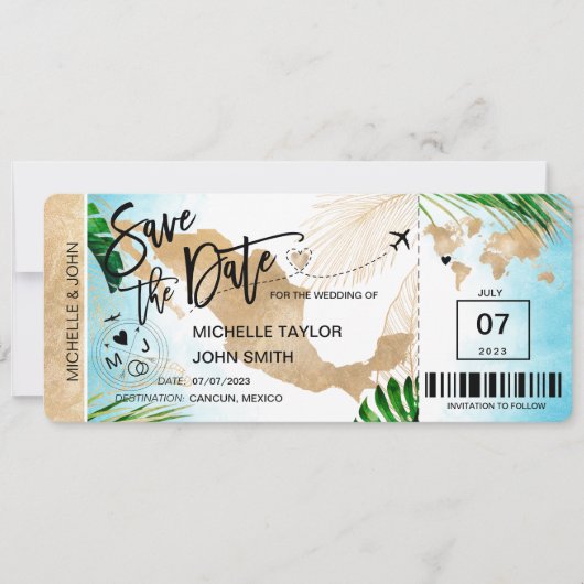 Mexiko Save the Date Boarding Pass World Map Invit Einladung (Vorderseite)