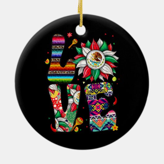 Mexiko Sonnenblumen Liebe mit mexikanischer Flagge Keramik Ornament (Hinten)