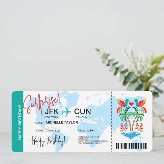 Mexiko Überraschung Geburtstag Boarding Ticket Einladung (Stehend Vorderseite)