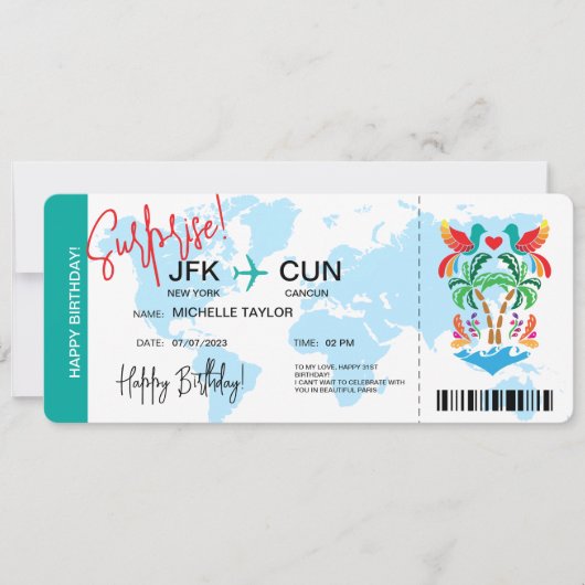 Mexiko Überraschung Geburtstag Boarding Ticket Einladung (Vorderseite)