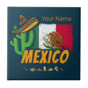 Mexiko Vintage Kaktus mit Flagge Sombrero Souvenir Fliese