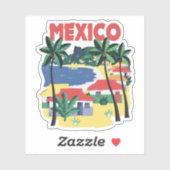 Mexiko Vintage Reise Illustration mit Strand Szene Aufkleber (Blatt)