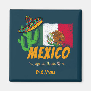 Mexiko Vintager Kaktus mit Fahne, Sombrero Souveni Magnet