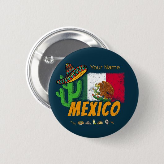 Mexiko Vintager Kaktus mit Fahne Sombrero Souvenir Button (Vorne & Hinten)