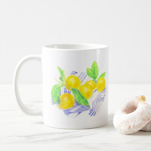 Meyer-Zitronen auf Küchentüchern Kaffeetasse (Mit Donut)