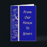 Mezuzah Gebet Feiertagskarte<br><div class="desc">5" x 7" Grußkarte mit einem Bild eines Mezuzah Gebet auf königlich blau. Der Text auf der Vorderseite steht für "Von unserem Haus zu Ihrem". Im Inneren steht "Möge Hanukkah Herz und Zuhause mit besonderer Freude und nachhaltigem Glück füllen". Die gesamte Hanukkah Grußkartensammlung finden Sie unter CARDS & STICKERS Kategorie...</div>