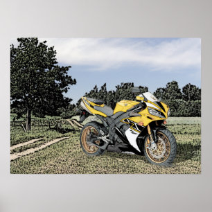 Mezzotint Landschaft und Gelbes Motorrad Poster