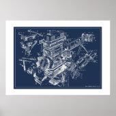 MG "TF" Motor Schematic Poster - BluePrint (Vorne)