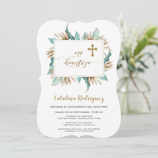 Mi Bautizo Einladung Elfenbeinfeindlichkeit Blumen (Stehend Vorderseite)
