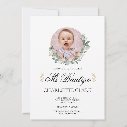 Mi Bautizo Foto Botanisches Spanisches Elegantes Einladung (Vorderseite)