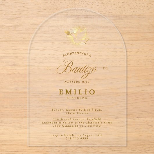 Mi Bautizo Gold Dove Spanische Taufe Acryleinladungen (Vorderseite)