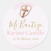 Mi Bautizo mit Kruzifix pink Runder Aufkleber (Vorderseite)