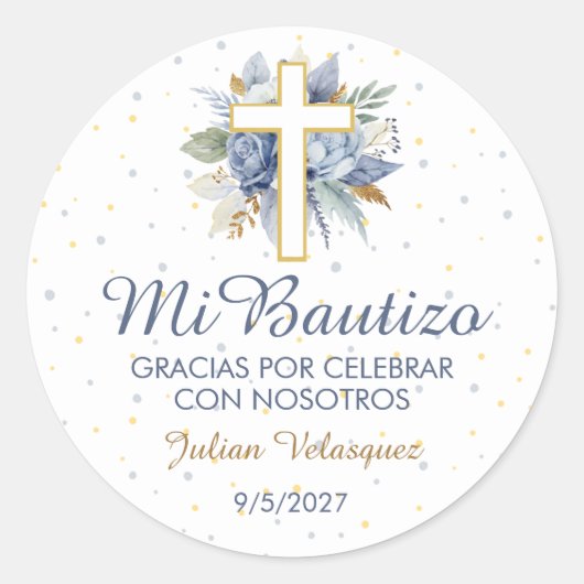 Mi Bautizo Niño Azul Flores Cruz Taufkreuz Runder Aufkleber (Vorderseite)