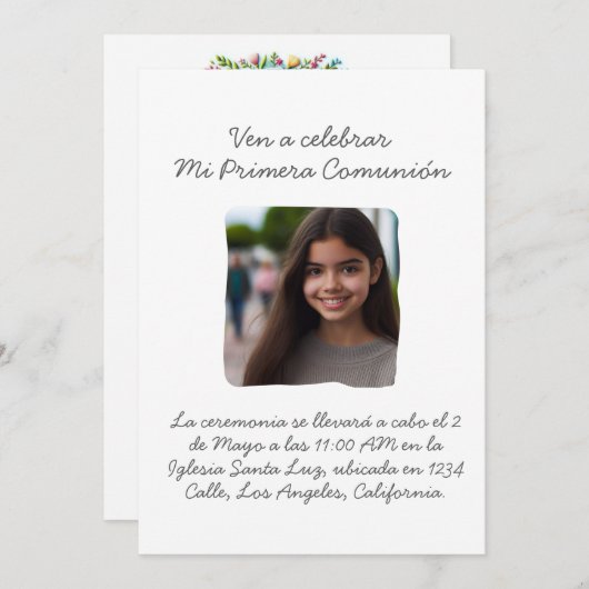 Mi Primera Comunión con foto Cruz y Flores Einladung (Vorne/Hinten)