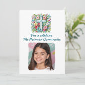 Mi Primera Comunión Cruz & Flores con foto Einladung (Stehend Vorderseite)