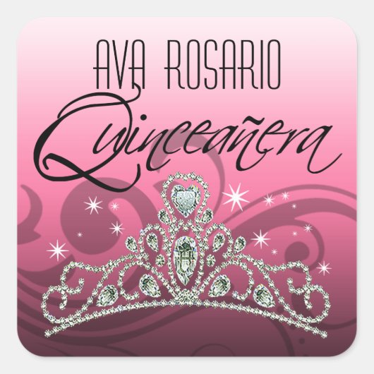 Mi Quinceañera Sparkling Tiara (rosa) Party Quadratischer Aufkleber (Vorderseite)