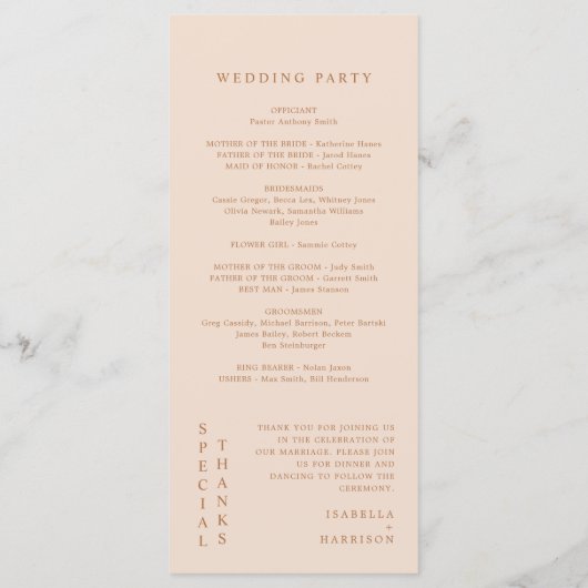 MIA Modern Boho Burnt Orange Beige Wedding Program Menükarte (Rückseite)